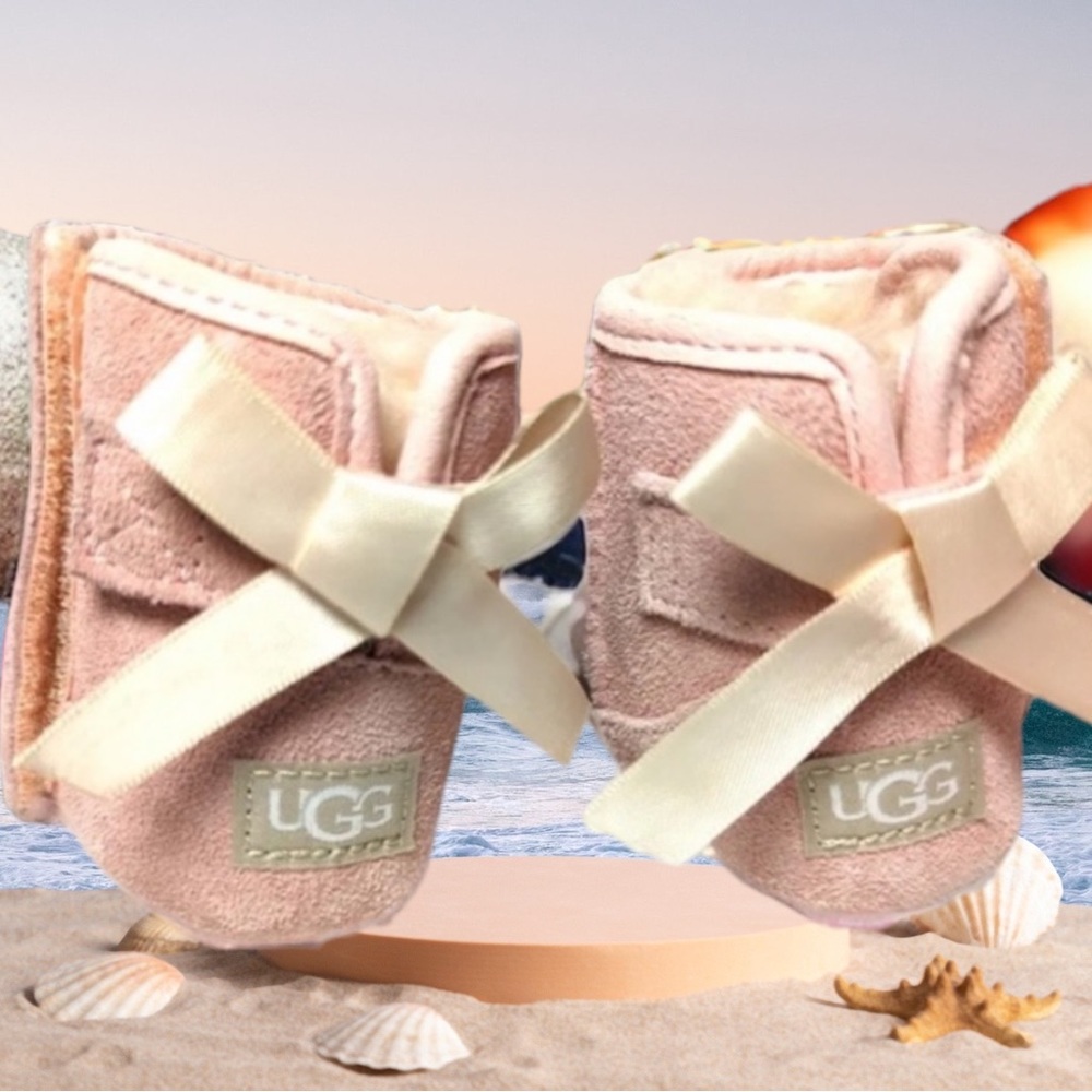 UGG Jesse II Bow Boots + Beanie Sz 0/1 Baby Girl Pink Leather Off/Wht Bow in Box - Picture 3 of 4